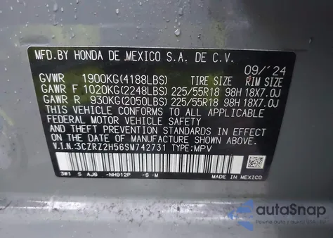 2025 Honda Hr-V Awd Sport from USA, damaged, VIN 3CZRZ2H56SM742731